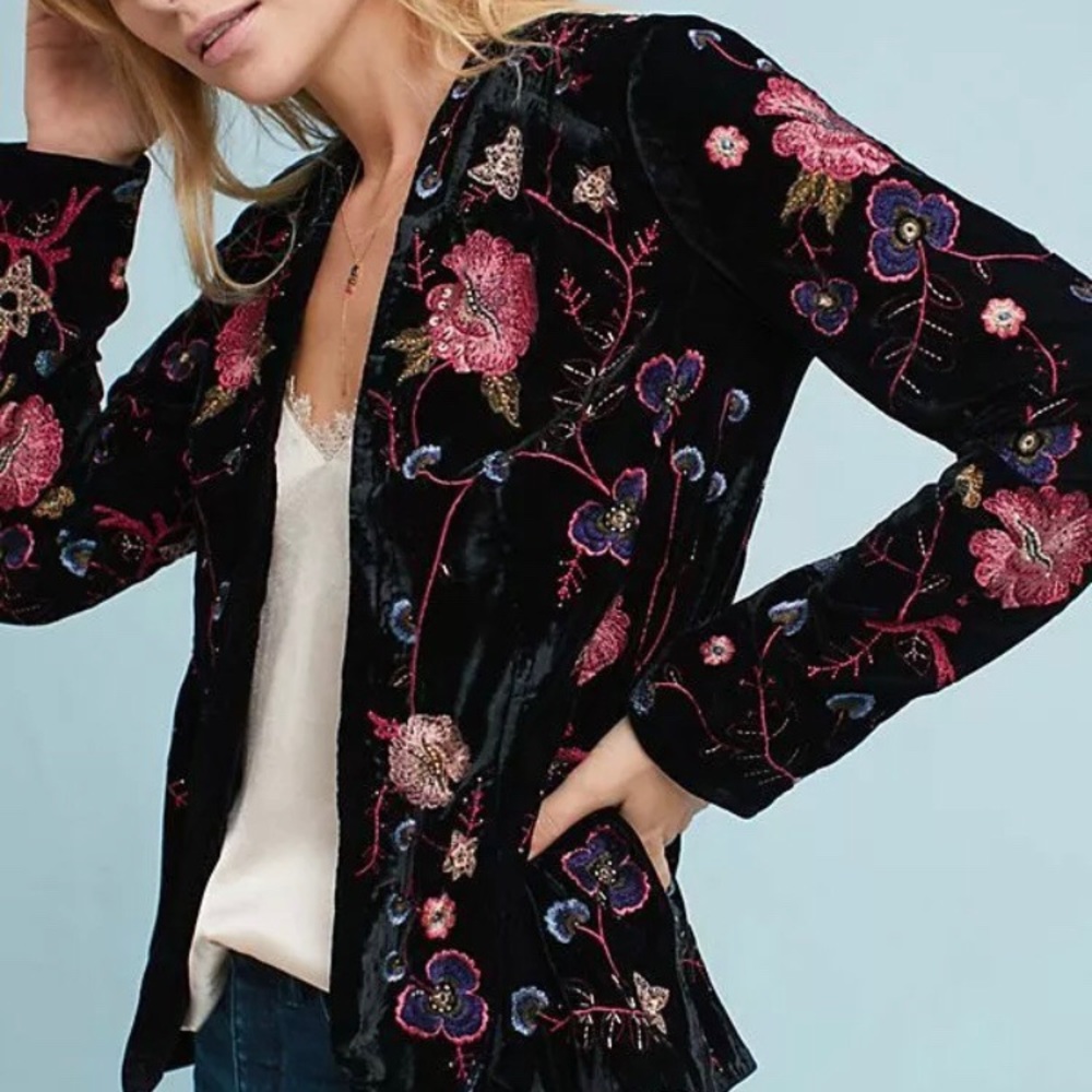 Anthropologie Embellished Floral Velvet Jacket Med
